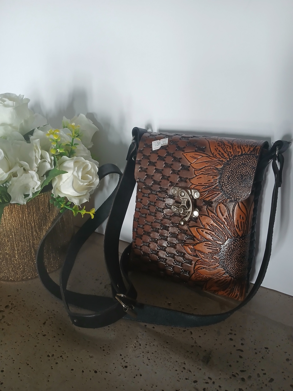 Hand-Tooled Brown Leather Sunflower Crossbody Bag